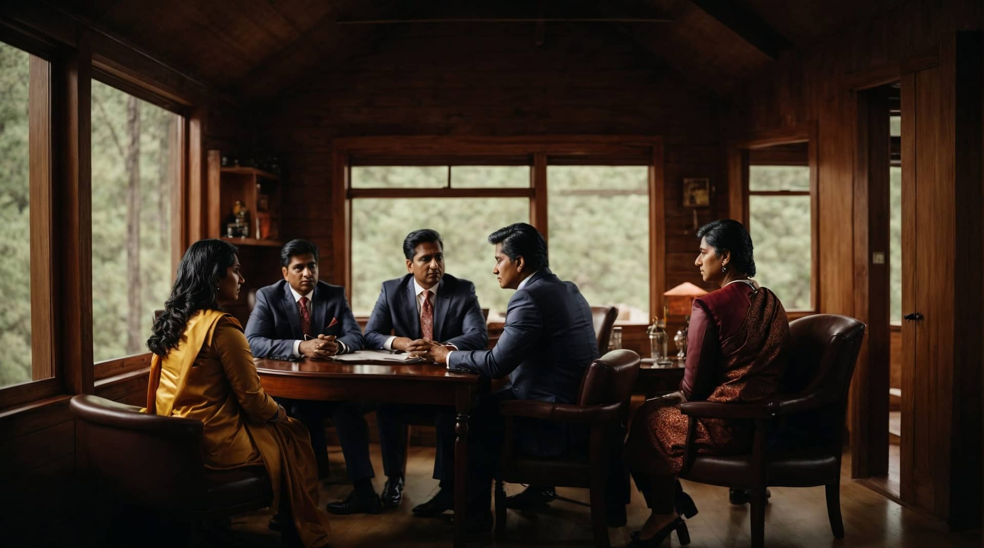 Default A wide shot of an Indian lawyer and 2 clients in a Cabin